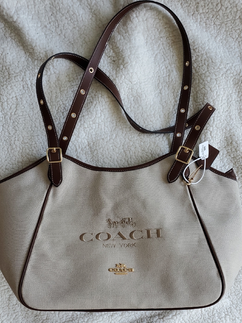 Coach Beige Canvas Tote with Brown  Trim and Gold Hardware